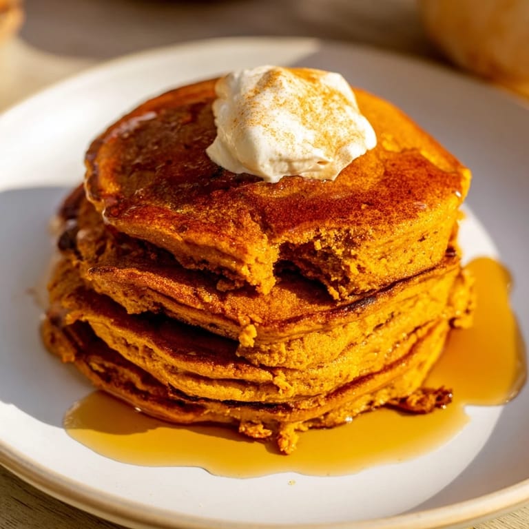 Fluffy Pumpkin Spice Pancakes, warm and inviting with visible bubbles, a perfect autumn breakfast treat.