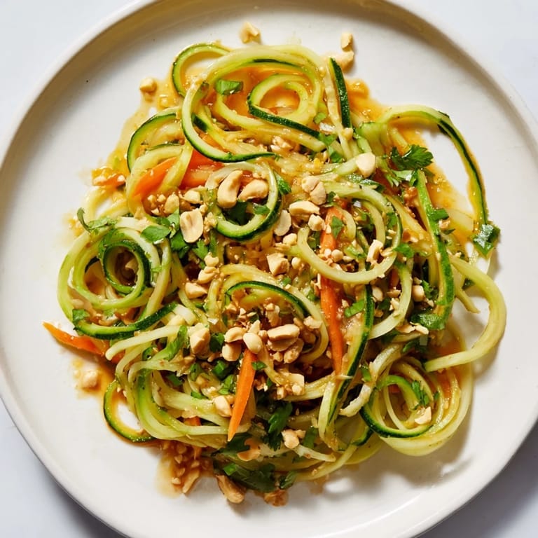 Close-up of a refreshing spicy cucumber noodle bowl, drizzled with savory sauce and sesame seeds.