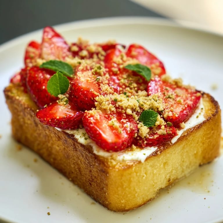 A beautifully plated Strawberry Cheesecake Toast featuring juicy strawberries and creamy, sweet cream cheese atop toasted bread.