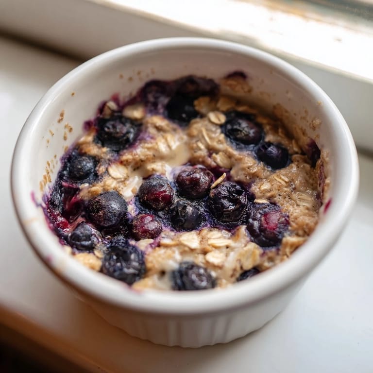 A comforting ramekin of Blueberry Baked Oats, beautifully topped with juicy blueberries ready to be savored.