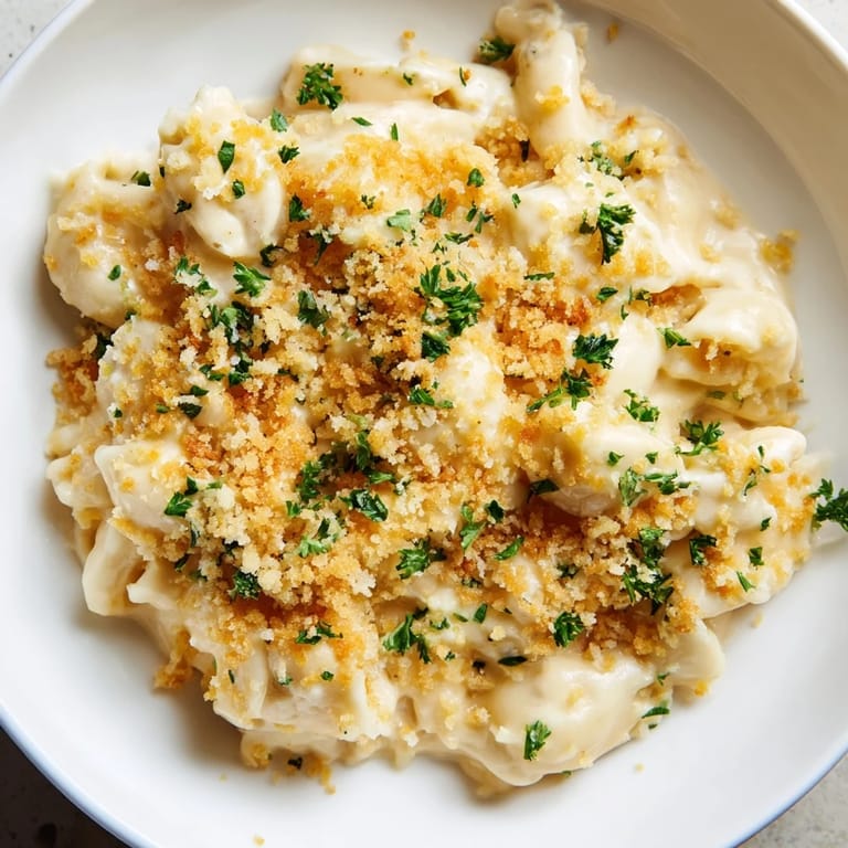 A close-up view of creamy high-protein mac & cheese, loaded with cheese and parsley garnish.