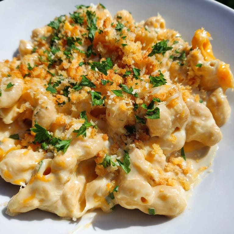 Golden-topped high-protein mac & cheese with bubbly cheese sauce, ready for a delicious, healthy meal.