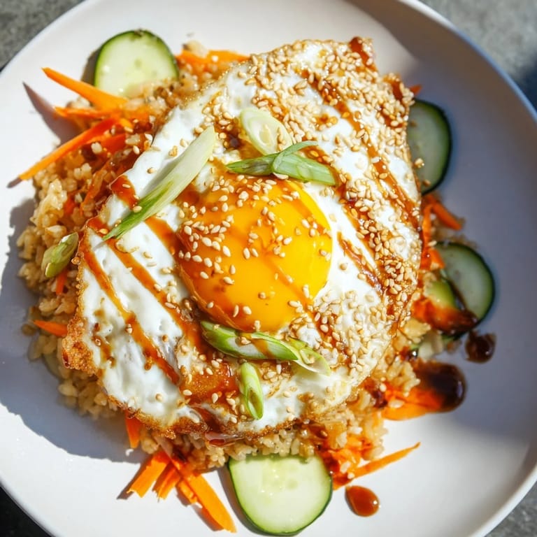 A vibrant photo of a homemade crispy egg rice bowl before being mixed together with fresh ingredients.