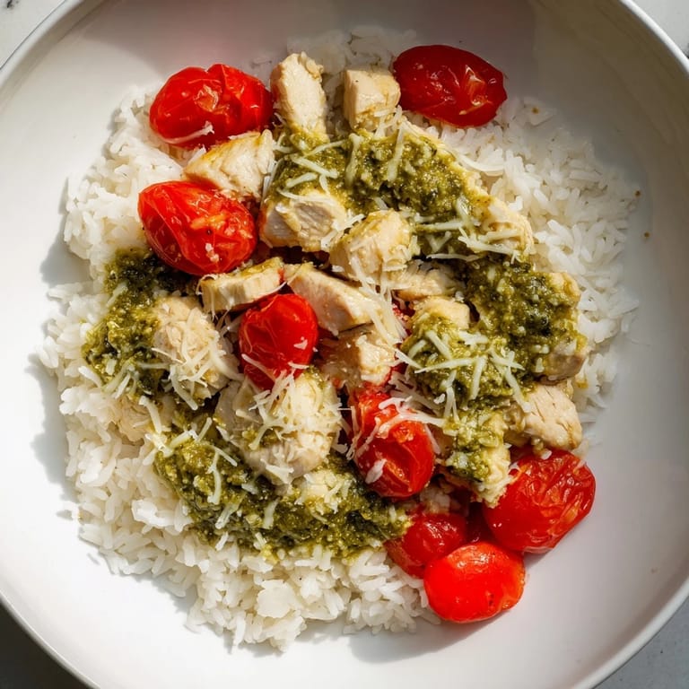 Warm, creamy Chicken Pesto Rice Bake showcasing tender chicken, pesto-infused rice and a cheesy top.