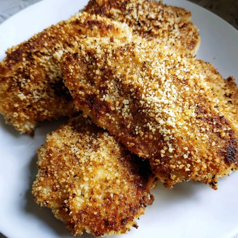 Beautiful shot of juicy air fryer chicken cutlets, perfectly breaded and air-fried to perfection.