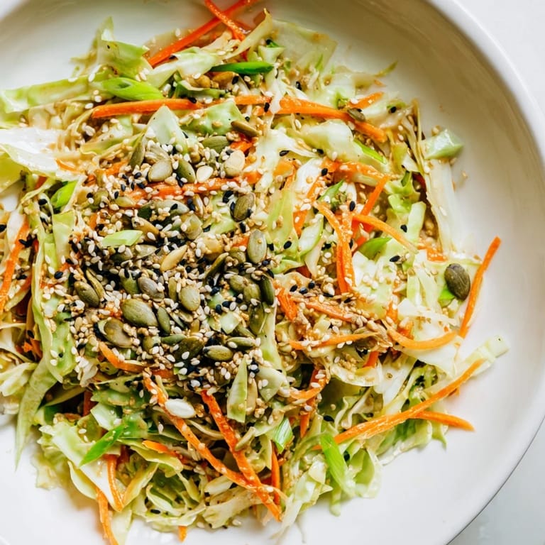 Close-up of a vibrant Cabbage-Core Slaw Salad, showcasing the crisp textures and flavors.
