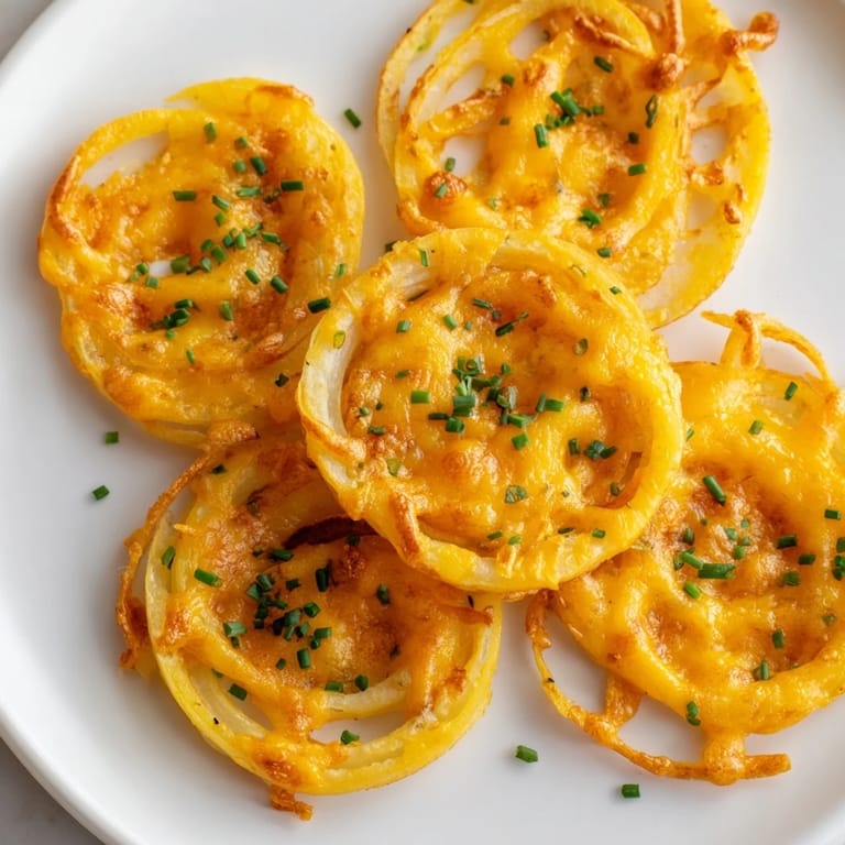 Close-up of air-fried Crispy Onion Cheese Chips, showing a perfect, melty cheese and tender onion rings.