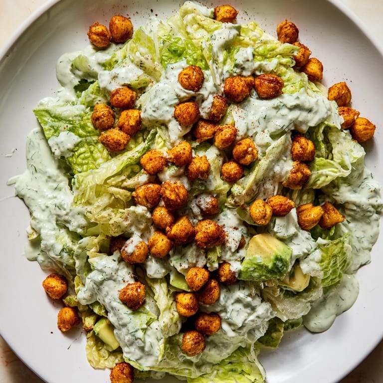 Bright, colorful photo of a Green Goddess Salad piled high with fresh herbs and crunchy chickpeas.