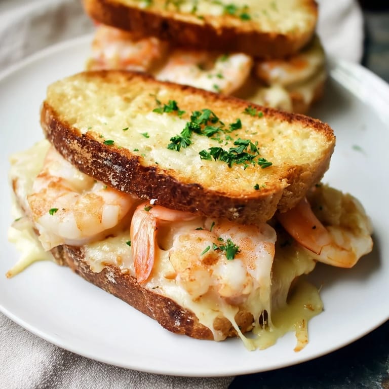 Perfectly toasted sourdough cradles the cheesy, garlicky shrimp within this Quick Shrimp Grilled Cheese delight.
