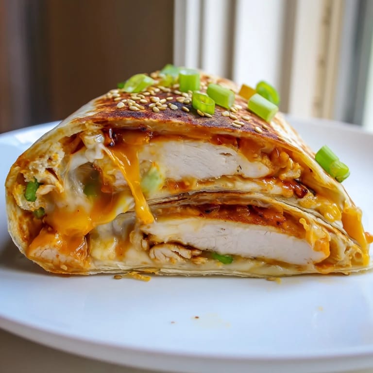 This photo showcases a tasty Korean BBQ Chicken Wrap Grilled Cheese, ready to be sliced and enjoyed.