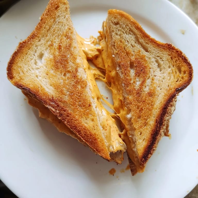 Melted cheese pull from a freshly grilled Honey Chipotle Butter Grilled Cheese, ideal with tomato soup.