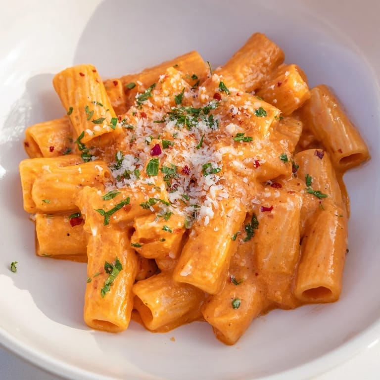 A close-up view of the Gigi Hadid-style spicy rigatoni, showcasing the rich tomato sauce and fresh parsley garnish.
