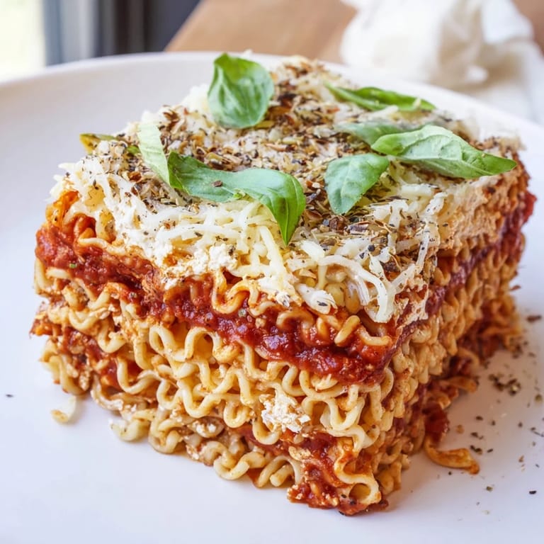 A close-up shot of homemade Ramen Lasagna, boasting a rich, tomato-infused flavor.