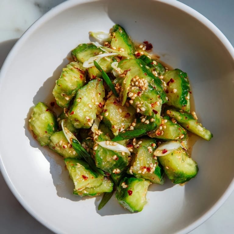 Freshly prepared Chinese Spicy Smashed Cucumber Salad, tossed in a savory dressing with visible chili flakes.