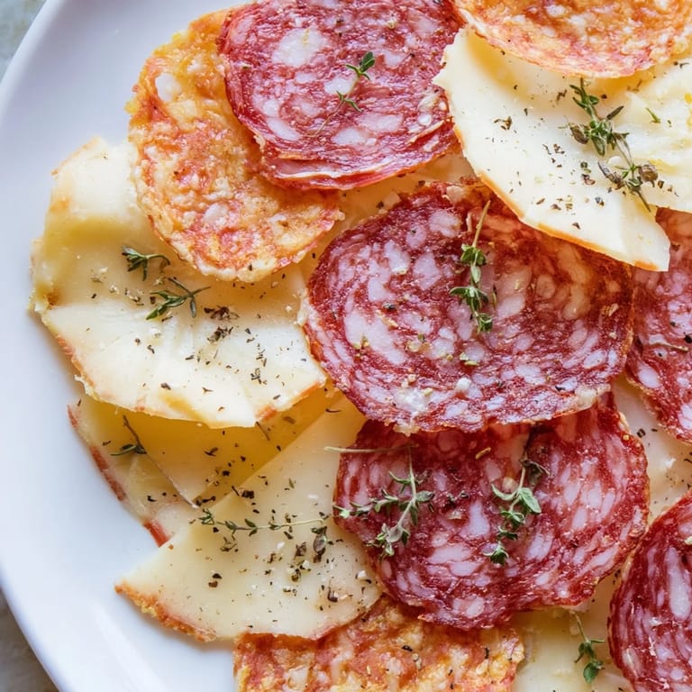 Perfectly baked charcuterie chips: flavorful, low-carb snacks made with salami and Gouda cheese.