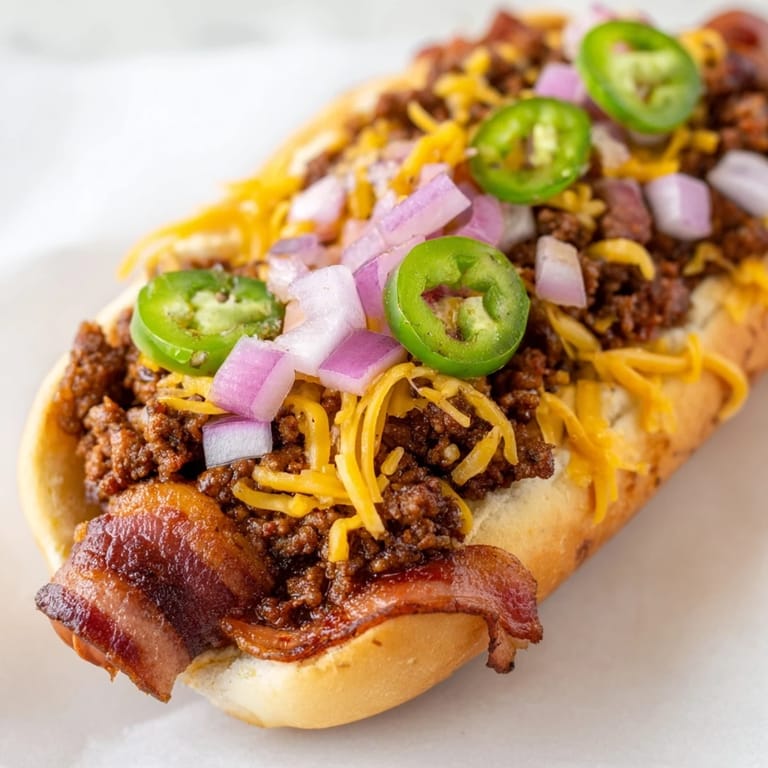 Smoky, sizzling Mexican Hot Dogs with ground beef, vibrant toppings, and crispy bacon, cooked to perfection.