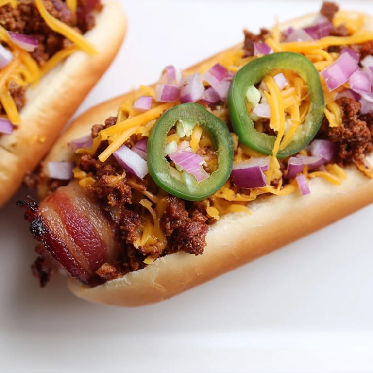 A close-up of delicious Mexican Hot Dogs, showcasing the beef, bacon, and cheesy topping, ready to eat.