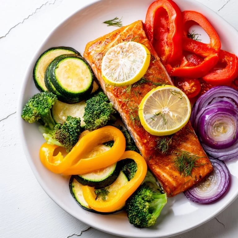 Golden-brown salmon sheet pan bake featuring juicy salmon and vibrant bell peppers and tomatoes.