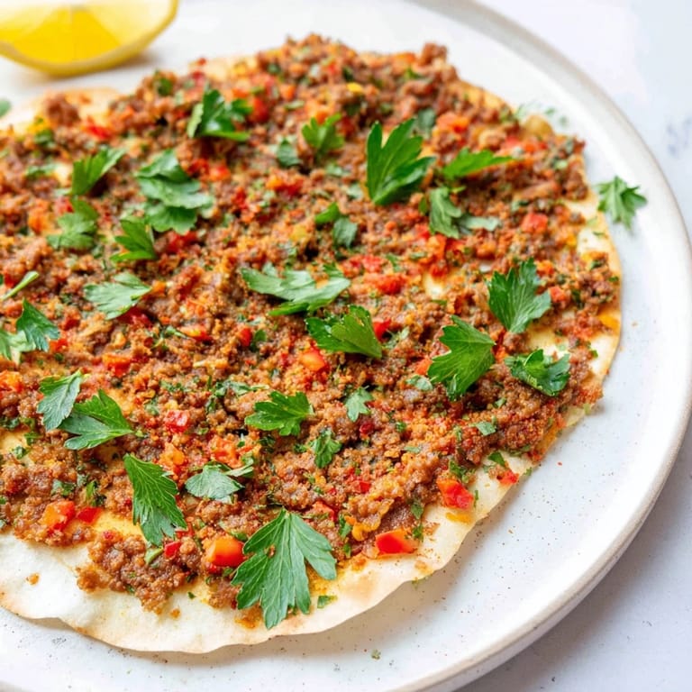A close-up of a freshly baked Turkish Lahmacun, showcasing crispy edges and savory meat topping.