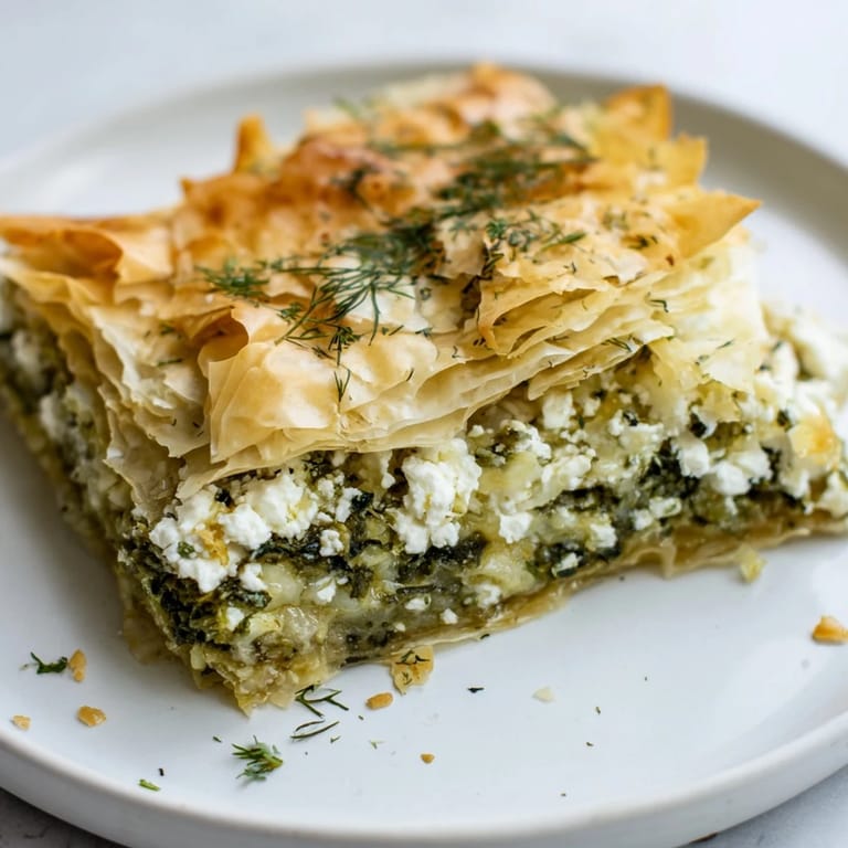 Enjoy this homemade spanakopita, a Greek spinach pie with a crispy phyllo crust and flavorful filling.