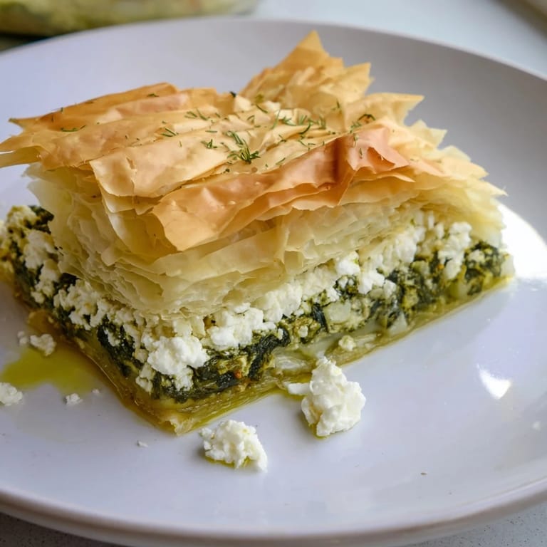 A close-up of a bubbling, savory Greek spanakopita, showing the delicious spinach and feta filling.