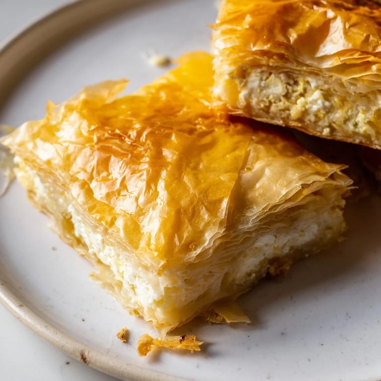 Freshly baked Serbian Gibanica: a golden, delicious Balkan pie with flaky phyllo and melted cheese.