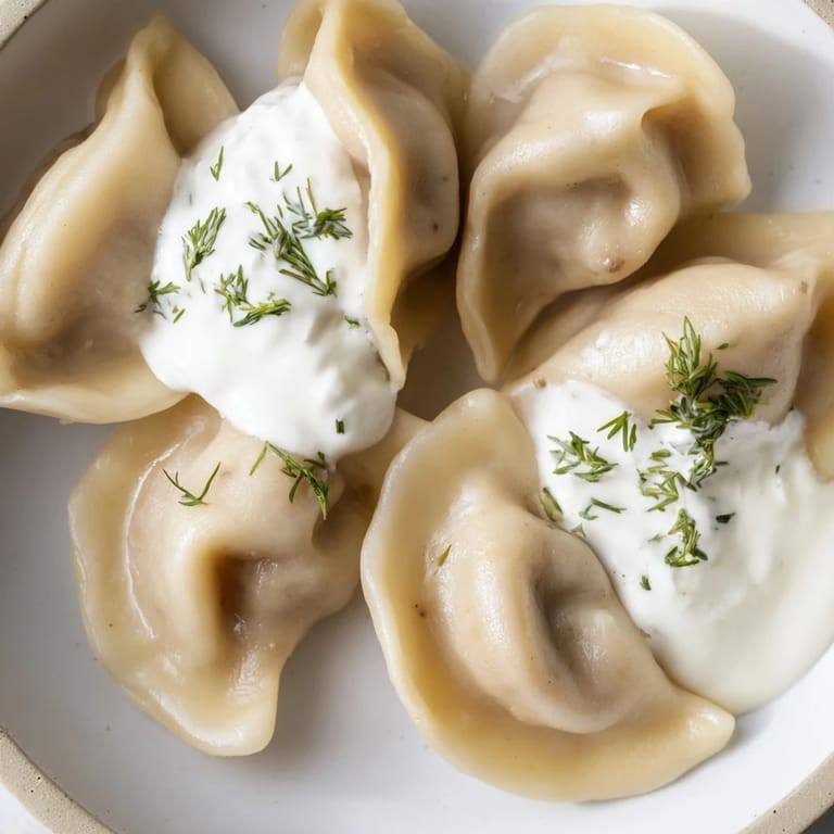 Golden, cooked Russian pelmeni in a bowl; imagine the tender dumplings, ready for a warm meal.