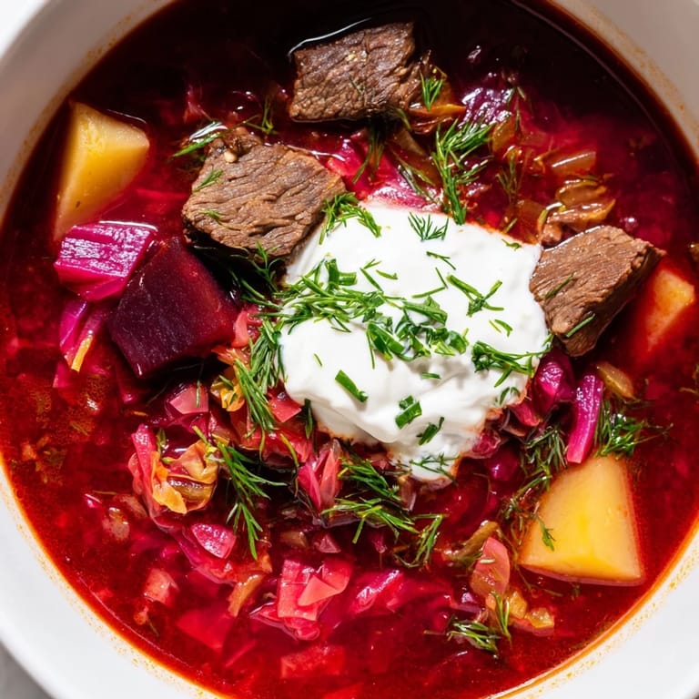 A hearty bowl of Ukrainian Borscht soup features tender beef and colorful vegetables, topped with fresh dill.