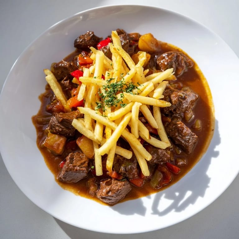 A bowl of hearty Czech Goulash potato, garnished and ready to be enjoyed with flavorful fried potatoes.