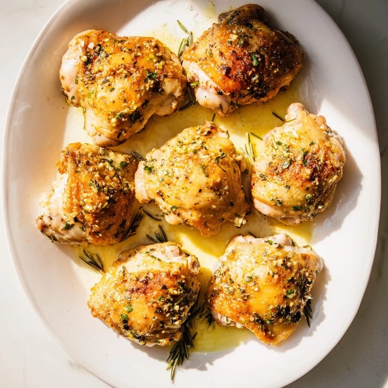 A close-up of Garlic Butter Chicken Thighs Roasted shows juicy thighs on a skillet, garnished with parsley and ready to serve.