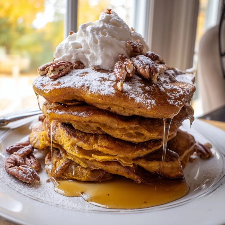 Golden-brown pumpkin spice pancakes served fresh off the griddle, perfect for a cozy autumn breakfast or weekend brunch.