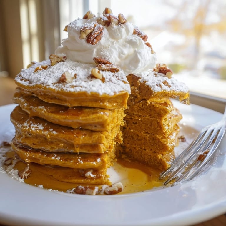 Homemade pumpkin spice pancakes with visible pumpkin puree and warm spices, ideal for a comforting vegetarian morning meal.