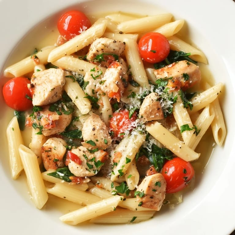 Close-up on the skillet revealing saucy One-Pan Lemon Herb Pasta Chicken with melting Parmesan, fresh basil, and halved cherry tomatoes mixed in.