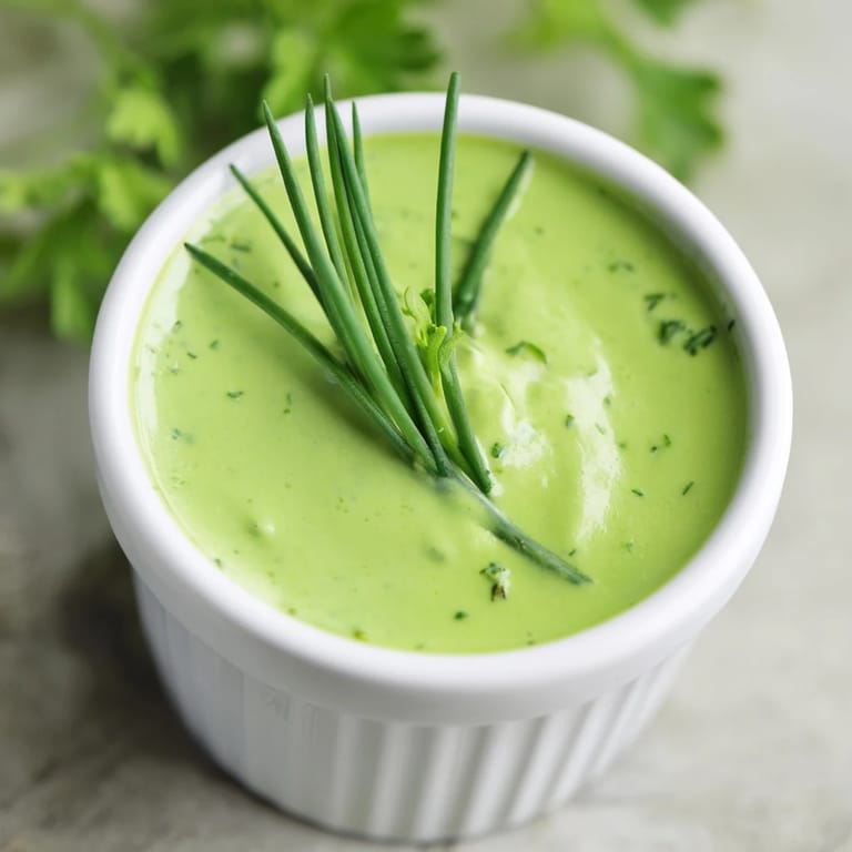 Creamy Green Goddess dressing drizzled over a crisp salad, with avocado slices and cherry tomatoes nearby.  