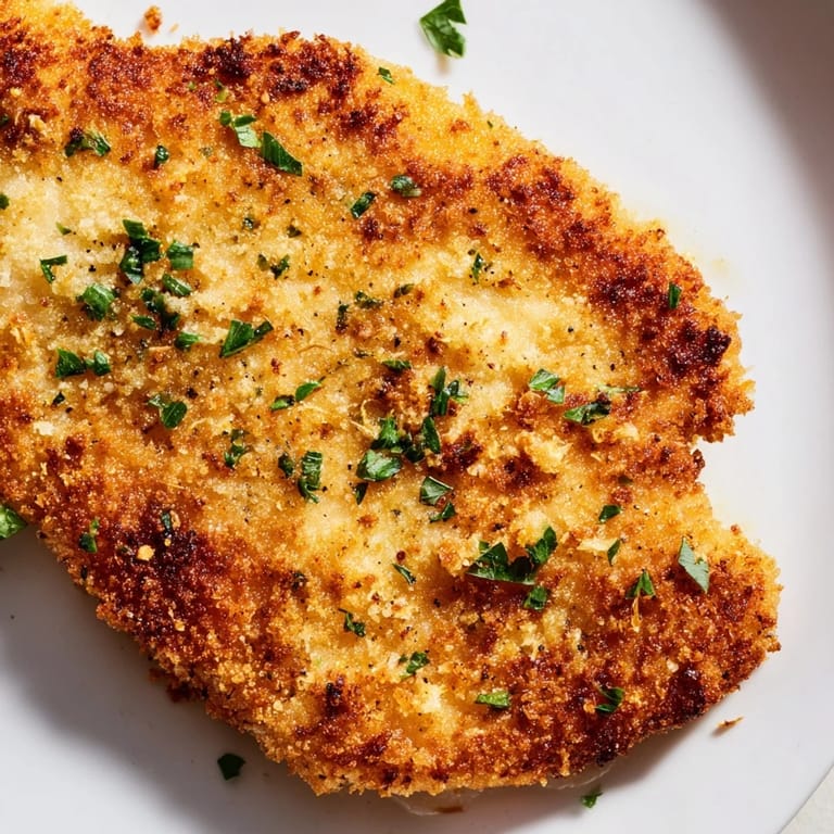 Crispy Parmesan Chicken Cutlet with a crunchy panko and cheese crust, served alongside a simple arugula salad.