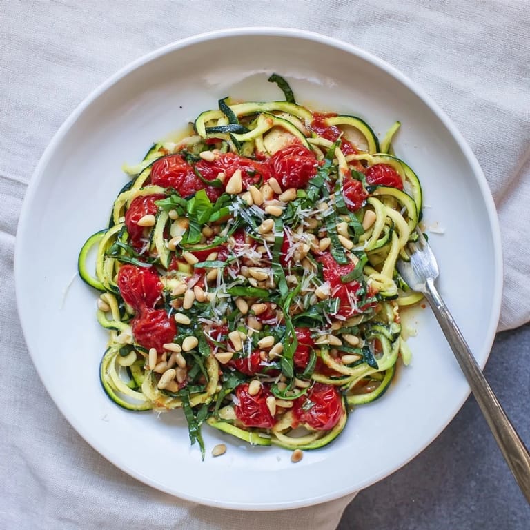 Tender zucchini noodles served in a light garlic tomato sauce, perfect for a quick, healthy, and colorful vegetarian dinner.