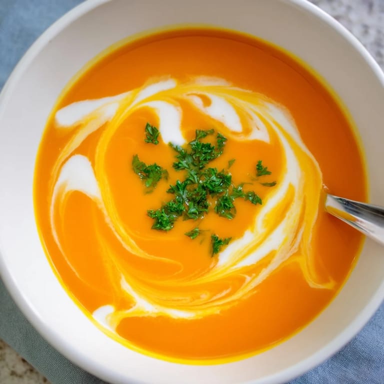 Steaming Carrot-Based Creamy Soup in a white bowl, ready to enjoy with a side of toasted bread for dipping.