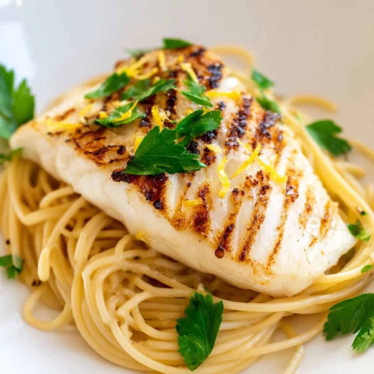 A close-up of Lemon Bass Pasta shows flaky fish and a vibrant lemon-butter sauce clinging to al dente spaghetti.
