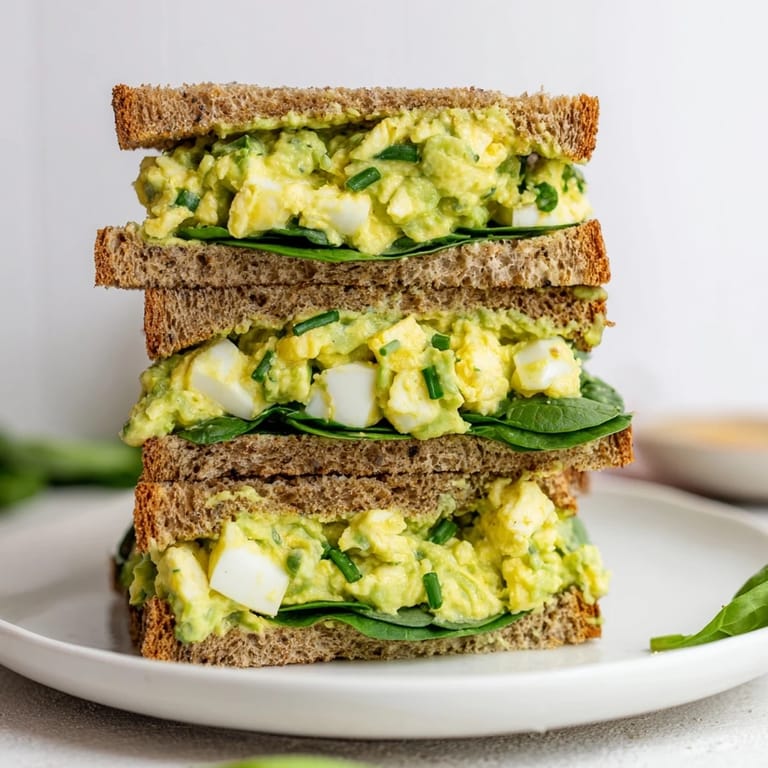An open-faced avocado egg salad sandwich on whole grain bread, layered with ripe tomato slices and baby spinach leaves.