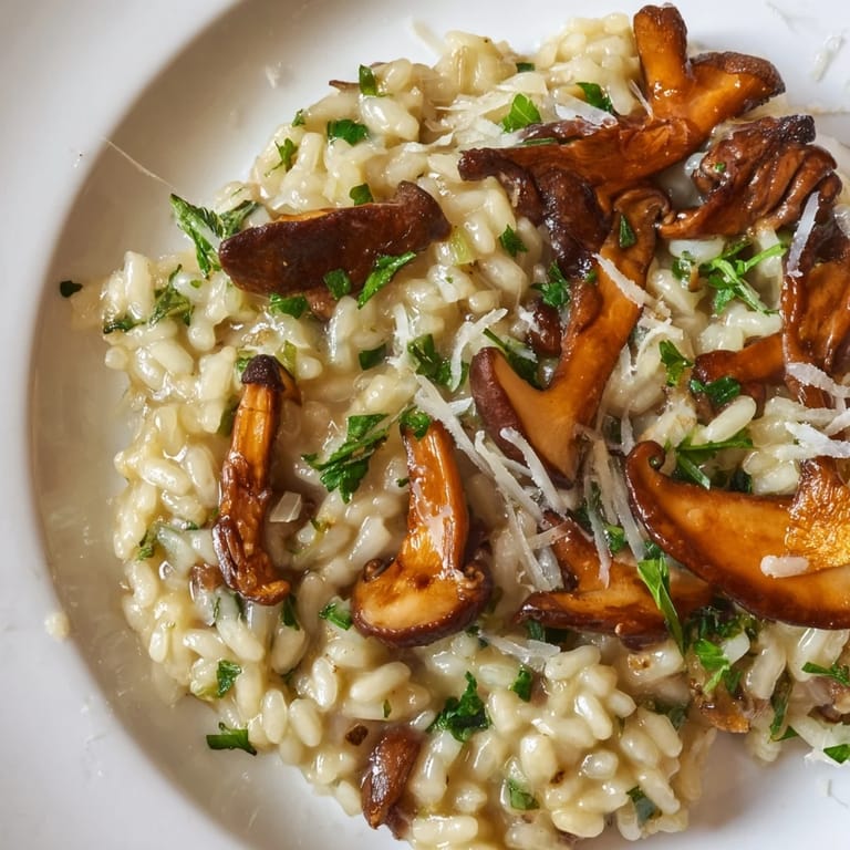 Steam rises from a skillet of Roasted Mushroom Risotto, featuring tender roasted mushrooms and fresh thyme, served as a comforting main dish.