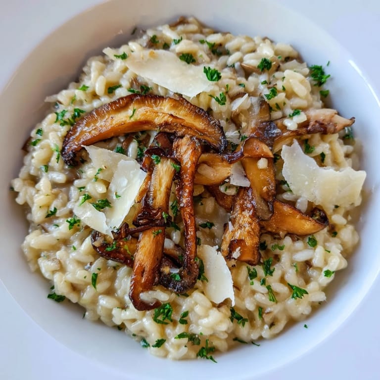 Overhead view of Roasted Mushroom Risotto in a rustic pot, garnished with parsley and extra Parmesan, paired with a glass of white wine.