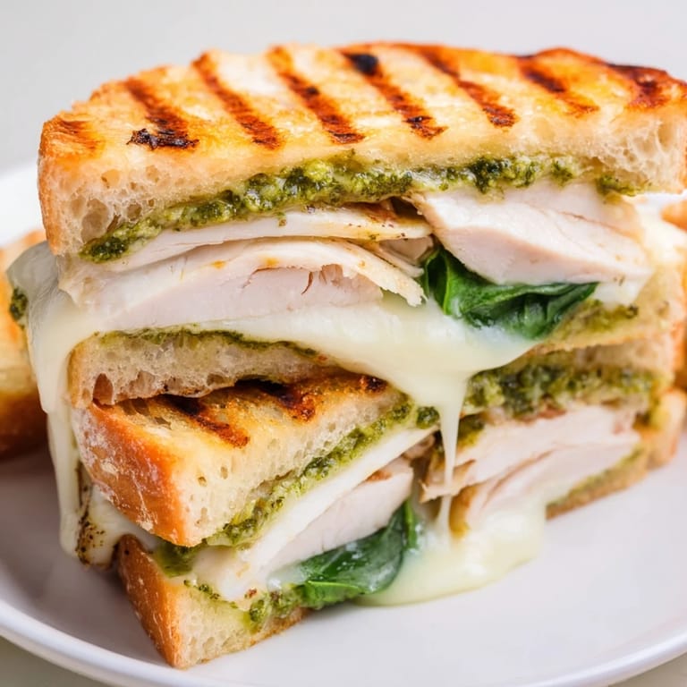 A warm Chicken Pesto Panini cut in half, served beside a small side salad for lunch.