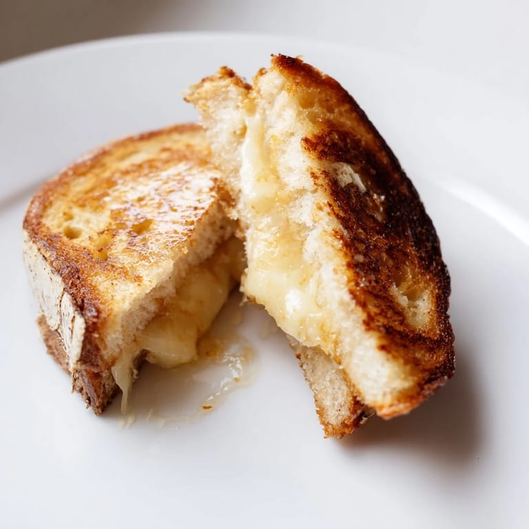 Homemade Truffle Grilled Cheese, sliced to show the rich, melted Gruyère inside, ready to enjoy.