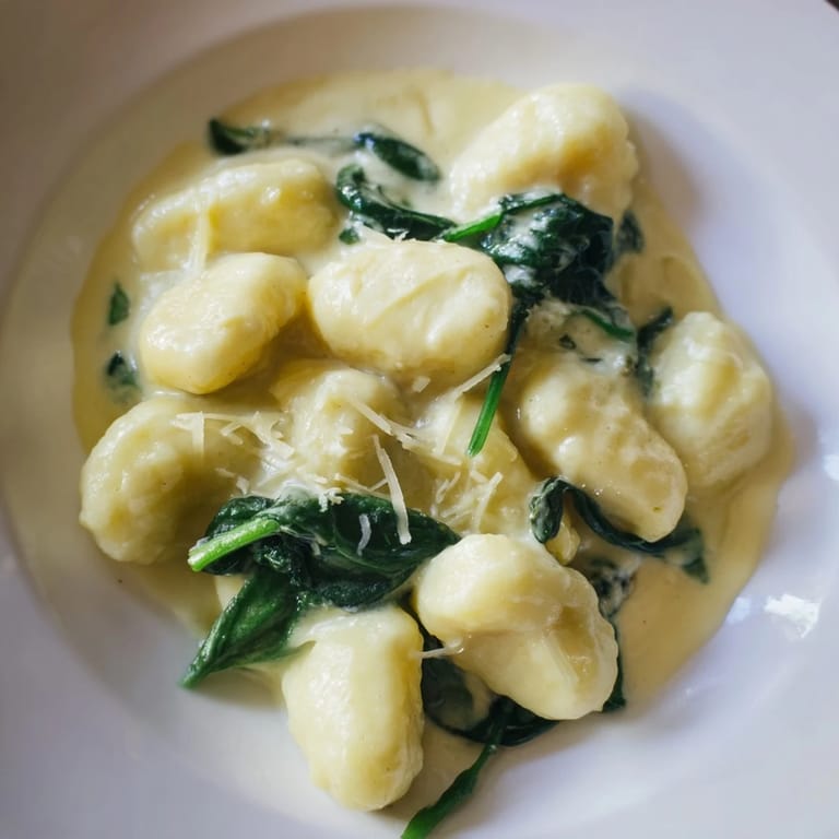 Tender potato gnocchi tossed in velvety garlic cream sauce with fresh spinach, garnished with grated Parmesan and black pepper on top.