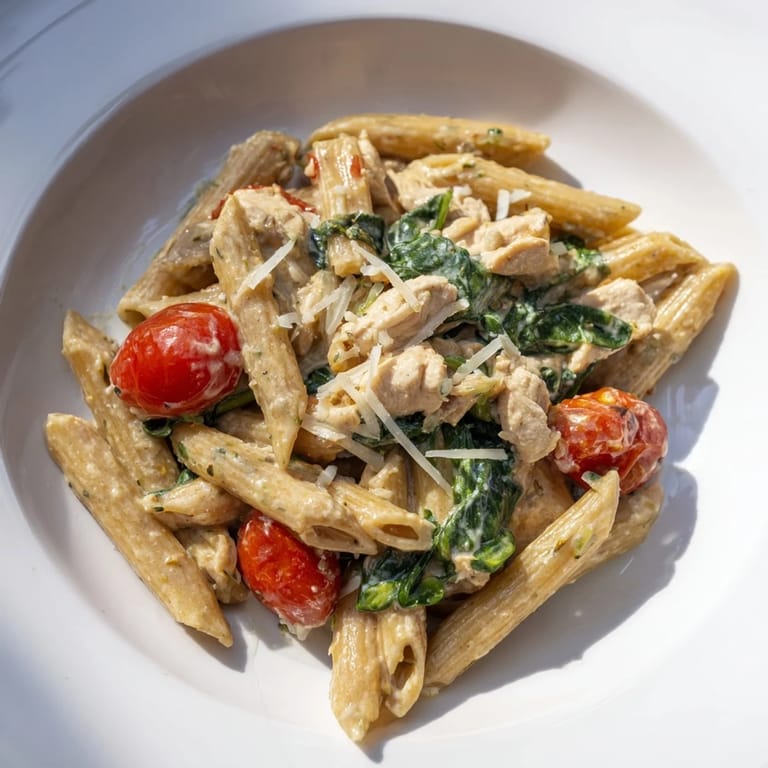 Hearty Greek Yogurt Chicken Pasta tossed with whole wheat penne and fresh herbs, garnished with extra Parmesan.  