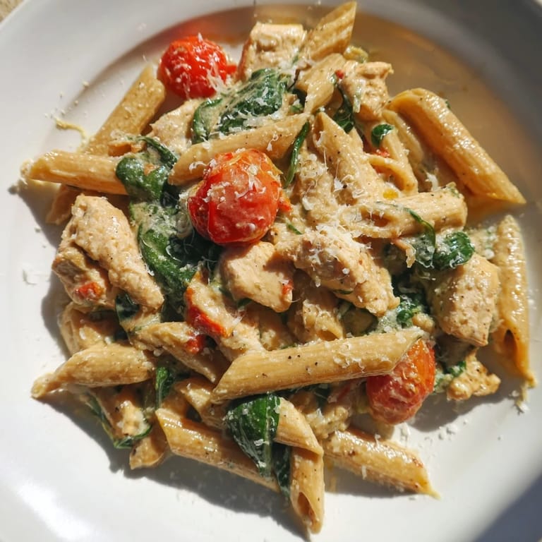 Easy Greek Yogurt Chicken Pasta recipe with juicy chicken, garlic, and spinach in a creamy yogurt sauce.