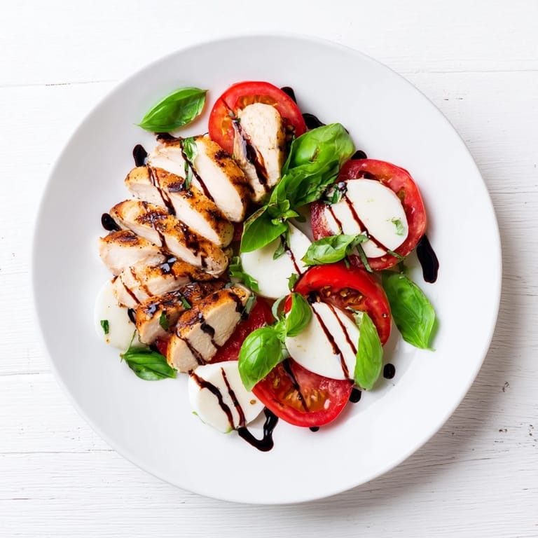 Sliced grilled chicken and creamy mozzarella on tomatoes with fresh basil, a perfect light Chicken Caprese Salad.