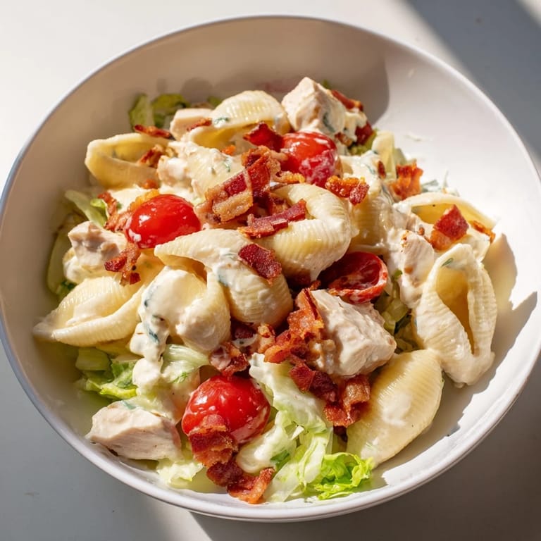 Hearty BLT Chicken Pasta Salad served in a white bowl, featuring tender pasta shells, crisp lettuce, and juicy tomatoes.  