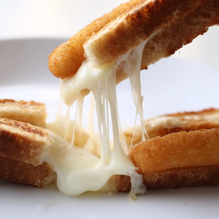A rustic kitchen scene features a Mozzarella Stick Grilled Cheese sandwich on a wooden board, steam rising from the melted cheese and crispy fried mozzarella peeking out from the edges.