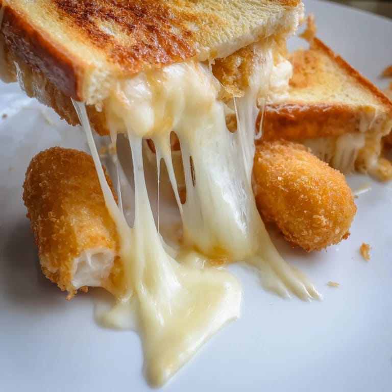Freshly grilled Mozzarella Stick Grilled Cheese halves sit on a white plate, revealing gooey layers of melted mozzarella and breaded sticks, with a small bowl of marinara sauce nearby.